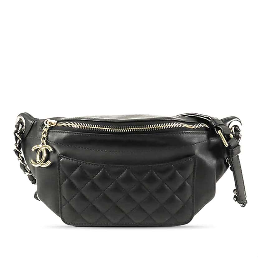 Chanel Quilted Crumpled Lambskin Front Pocket Belt Bag Black Leather Good condition - Front View