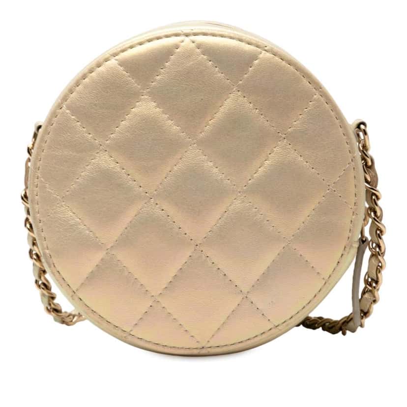Chanel Quilted Iridescent Lambskin Round Clutch With Chain Gold Leather Good condition - Back View