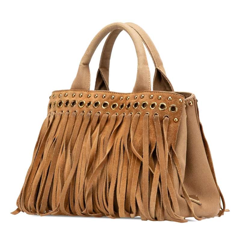 Prada Canvas and Suede Fringed Canapa Handbag Brown Canvas Good condition - Back View