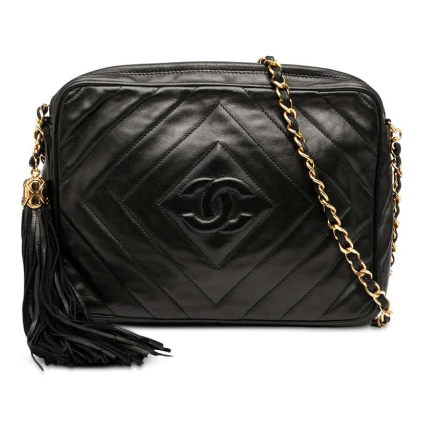 Chanel CC Chevron Quilted Lambskin Tassel Camera Case Black Leather Good condition - Front View
