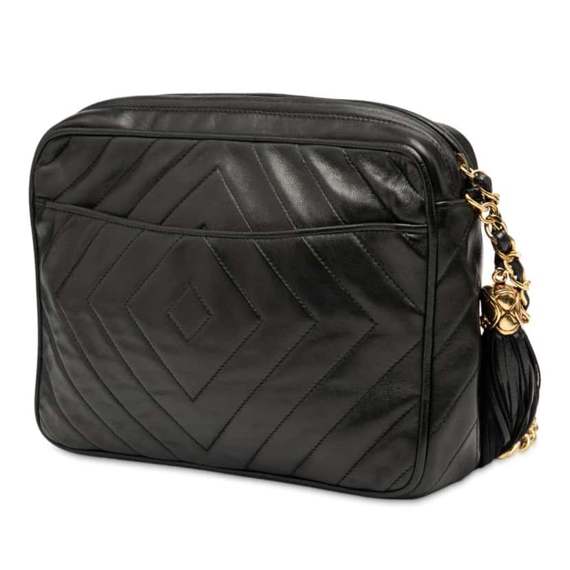 Chanel CC Chevron Quilted Lambskin Tassel Camera Case Black Leather Good condition - Back View