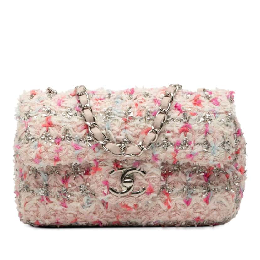 Chanel Mini Rectangular Classic Tweed Single Flap Pink Tweed Good condition - Front View