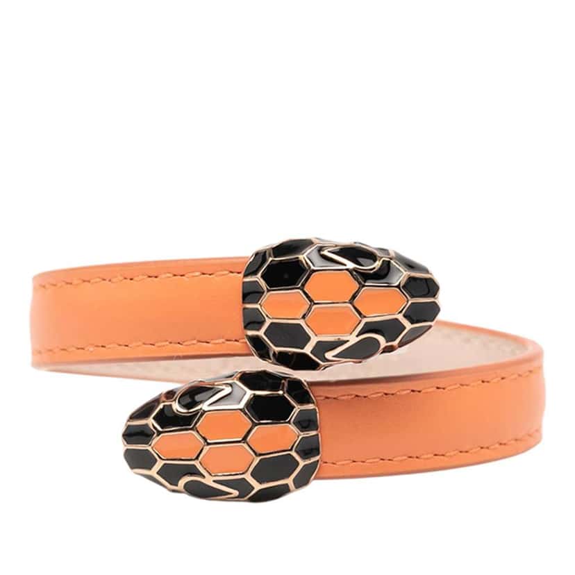 Bvlgari Calfskin and Gold Plated Enamel Serpenti Forever Bracelet Orange Leather Good condition - Front View