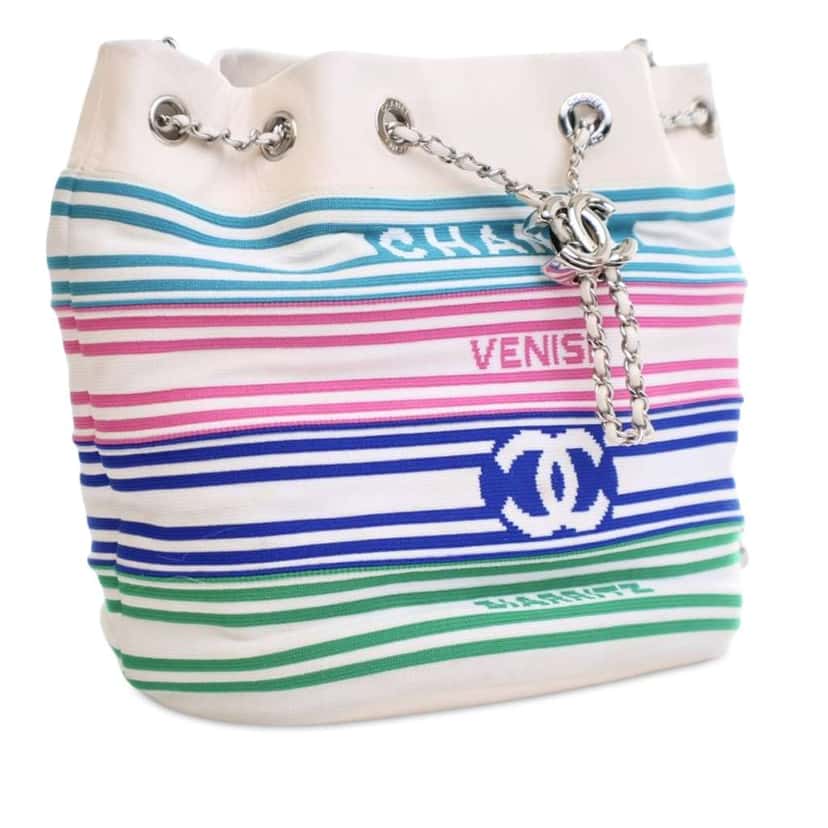 Chanel Mixed Fibers and Aged Calfskin Venise Biarritz Bucket Bag White Polyester Good condition - Back View