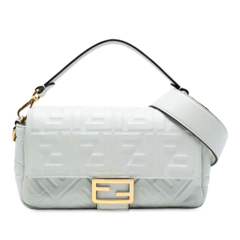 Fendi Zucca Embossed Leather Baguette Satchel White Leather Good condition - Front View