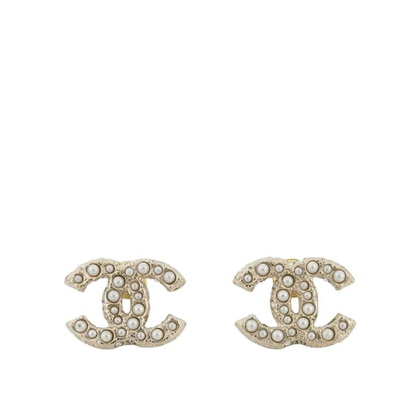 Chanel Gold Plated Faux Pearl CC Push Back Earrings Gold Metal Good condition - Front View