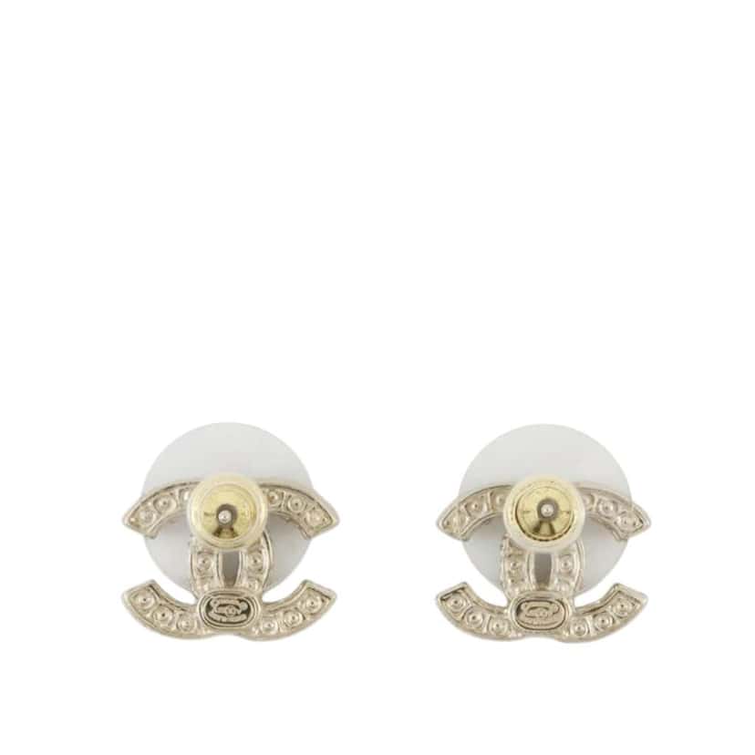 Chanel Gold Plated Faux Pearl CC Push Back Earrings Gold Metal Good condition - Back View