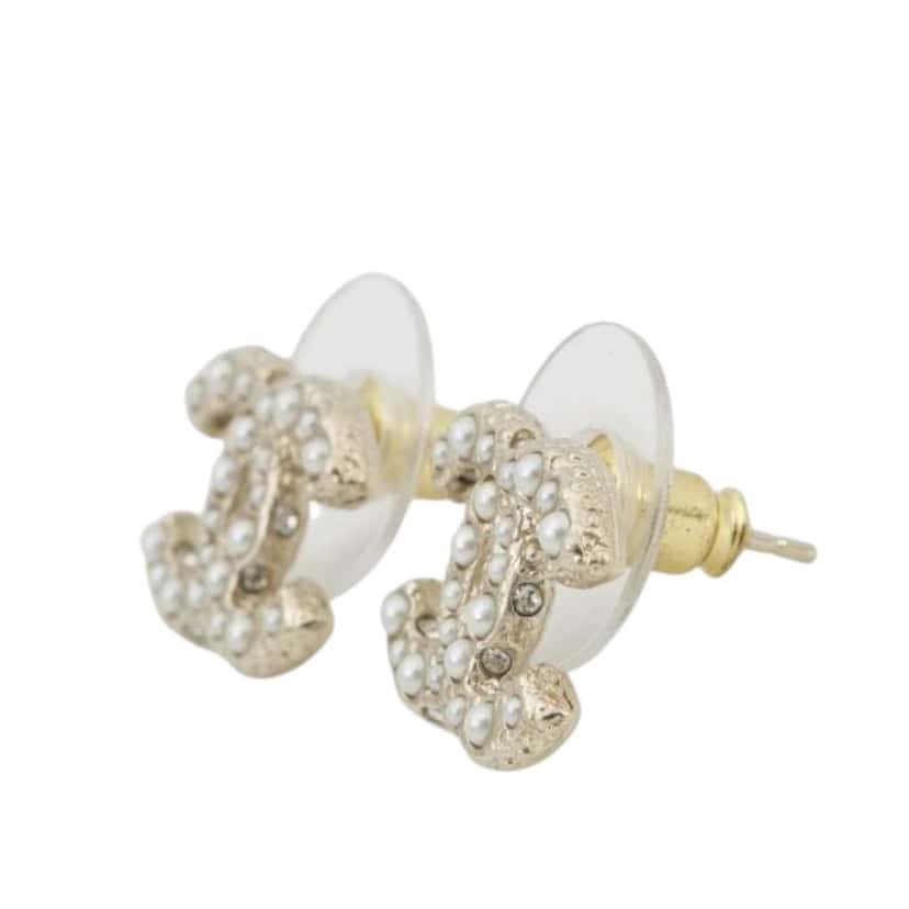 Chanel Gold Plated Faux Pearl CC Push Back Earrings Gold Metal Good condition - Inside View