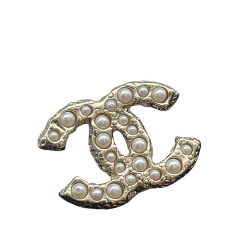Chanel Gold Plated Faux Pearl CC Push Back Earrings Gold Metal Good condition - Model View