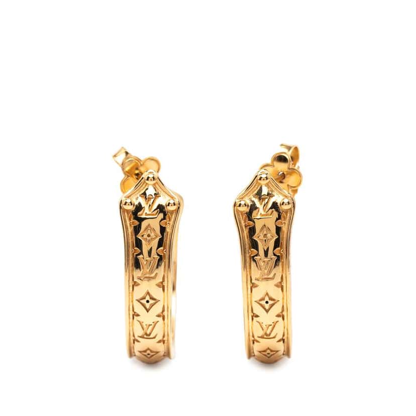 Louis Vuitton Gold Plated Nanogram Sweet Dreams Hoop Earrings Gold Metal Good condition - Front View
