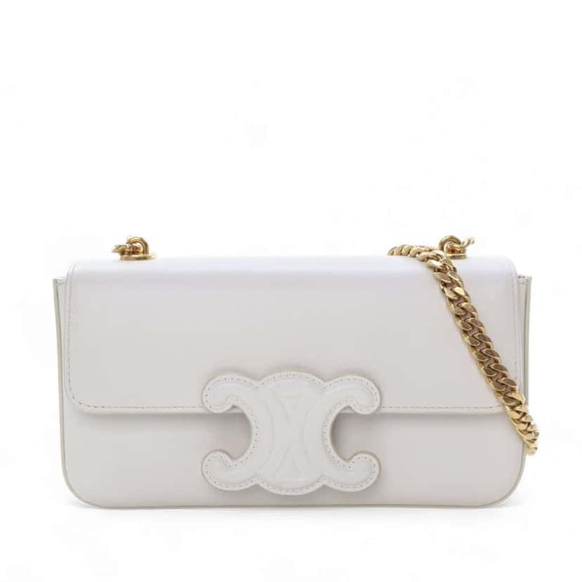 Celine Calfskin Cuir Triomphe Chain Shoulder Bag White Leather Good condition - Front View