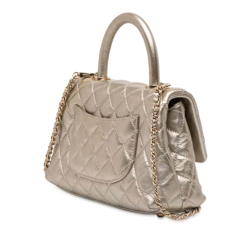 Chanel Small Quilted Metallic Calfskin Coco Top Handle Bag Gold Leather Good condition - Back View