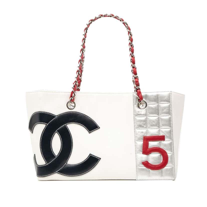 Chanel CC Canvas and Metallic Lambskin No. 5 Shopping Tote White Canvas Good condition - Front View