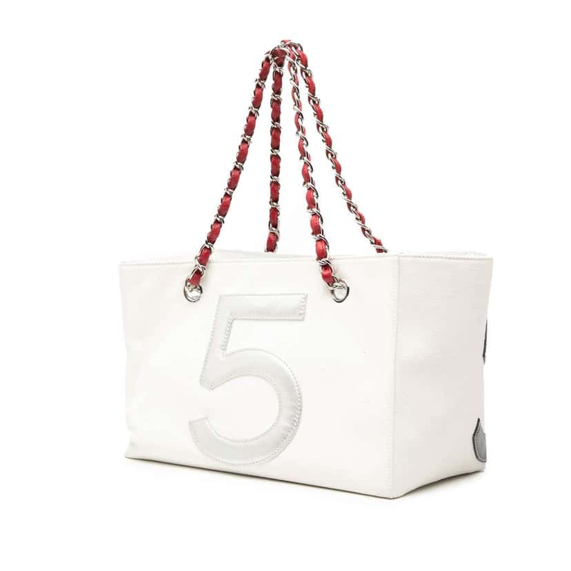 Chanel CC Canvas and Metallic Lambskin No. 5 Shopping Tote White Canvas Good condition - Back View