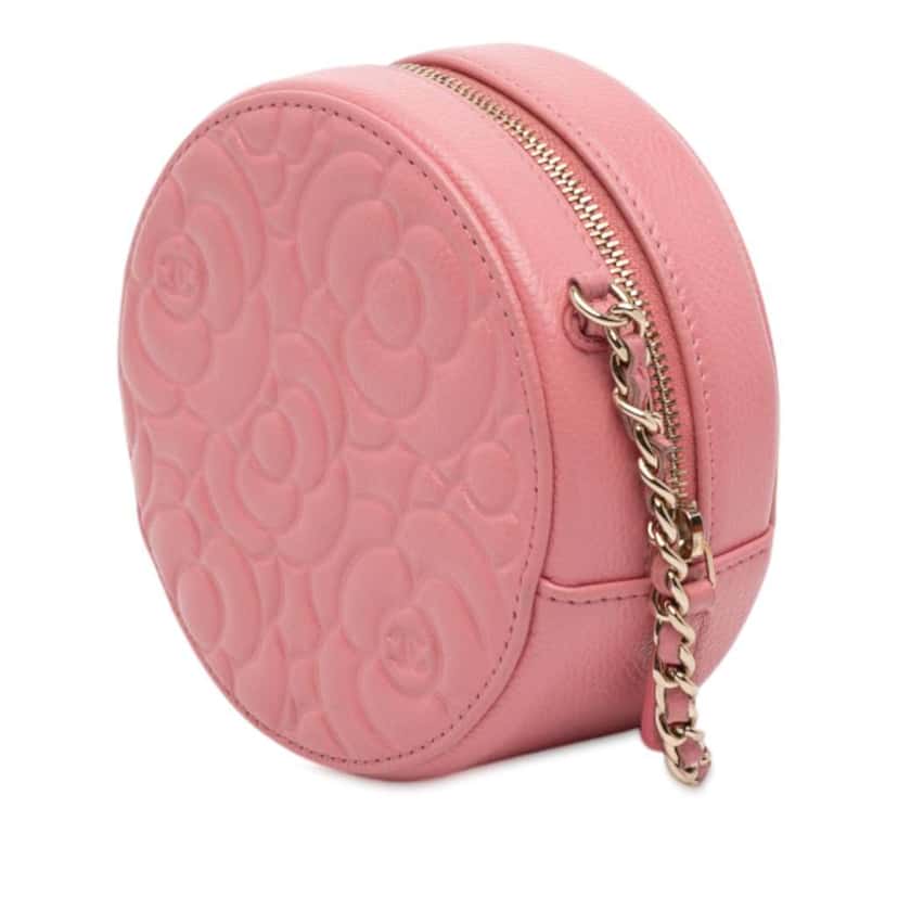 Chanel CC Embossed Caviar Camellia Round Clutch With Chain Pink Leather Very good condition - Back View