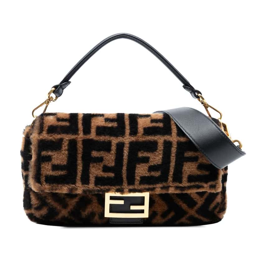 Fendi Medium Zucca Shearling Baguette Satchel Brown Good condition - Front View