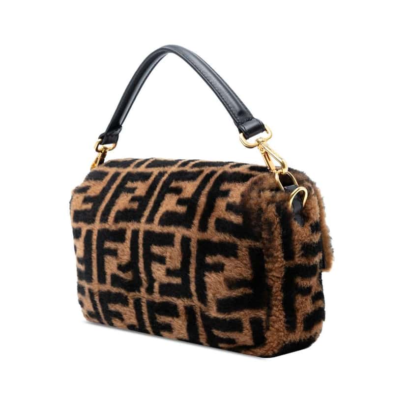 Fendi Medium Zucca Shearling Baguette Satchel Brown Good condition - Back View