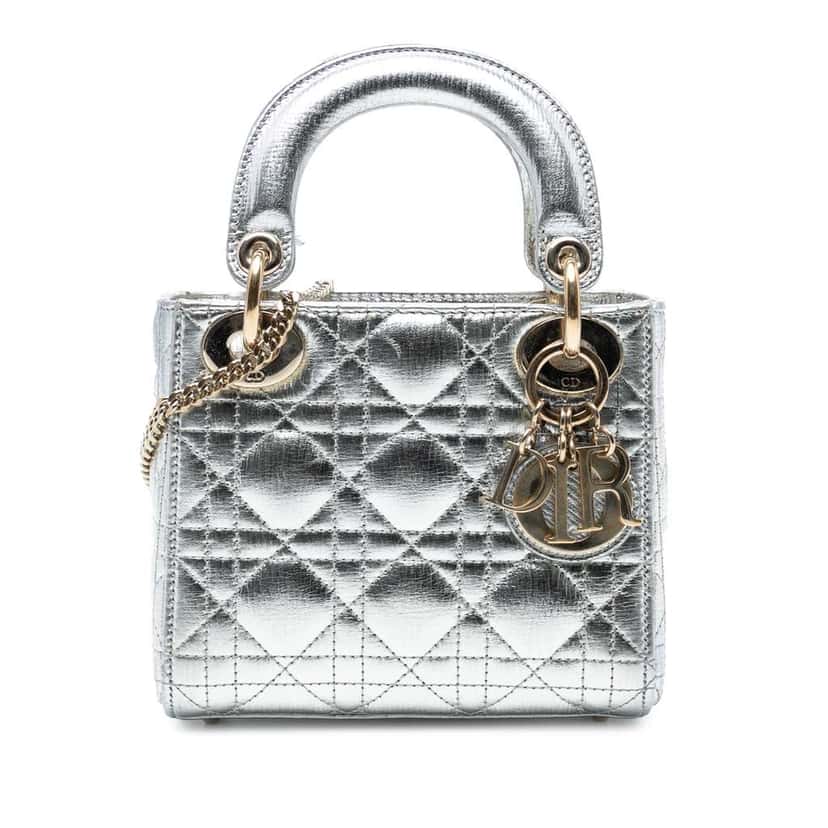 Dior Mini Metallic Crinkled Calfskin Cannage Lady Dior Silver Leather Good condition - Front View