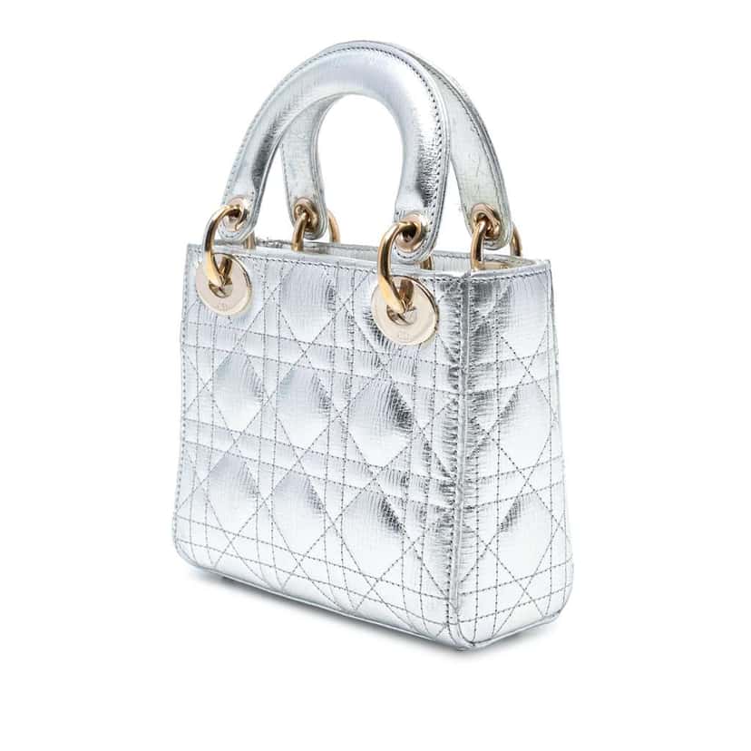 Dior Mini Metallic Crinkled Calfskin Cannage Lady Dior Silver Leather Good condition - Back View