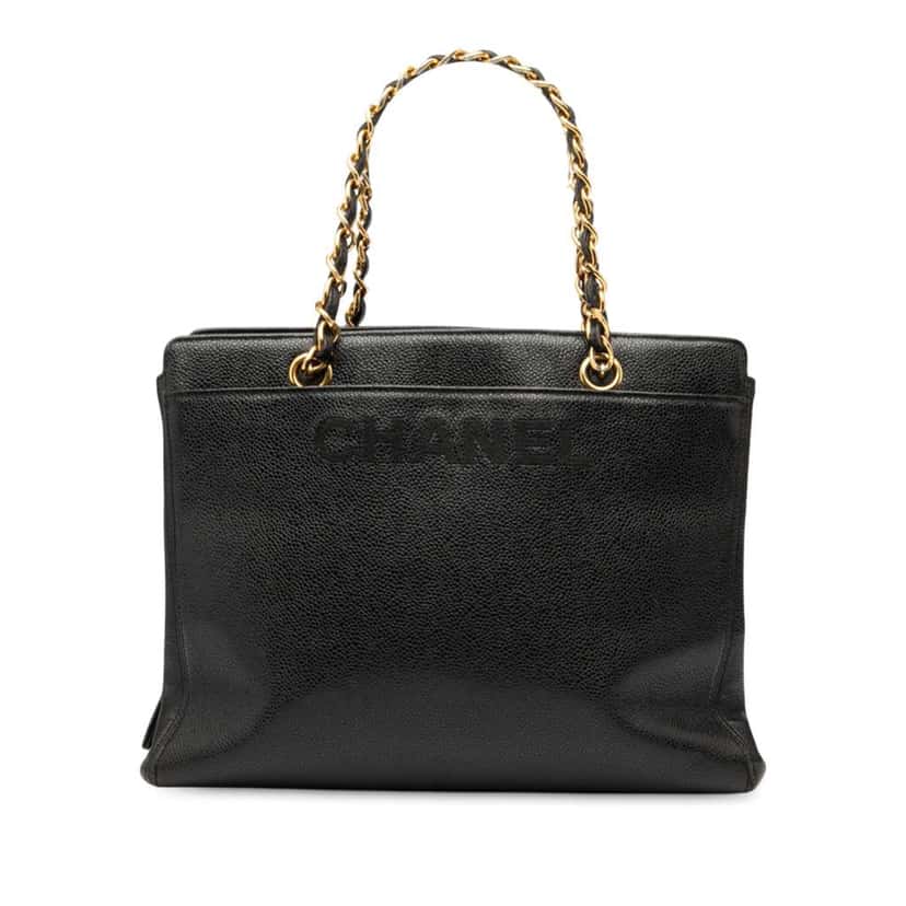 Chanel Caviar Logo Chain Tote Black Leather Good condition - Front View