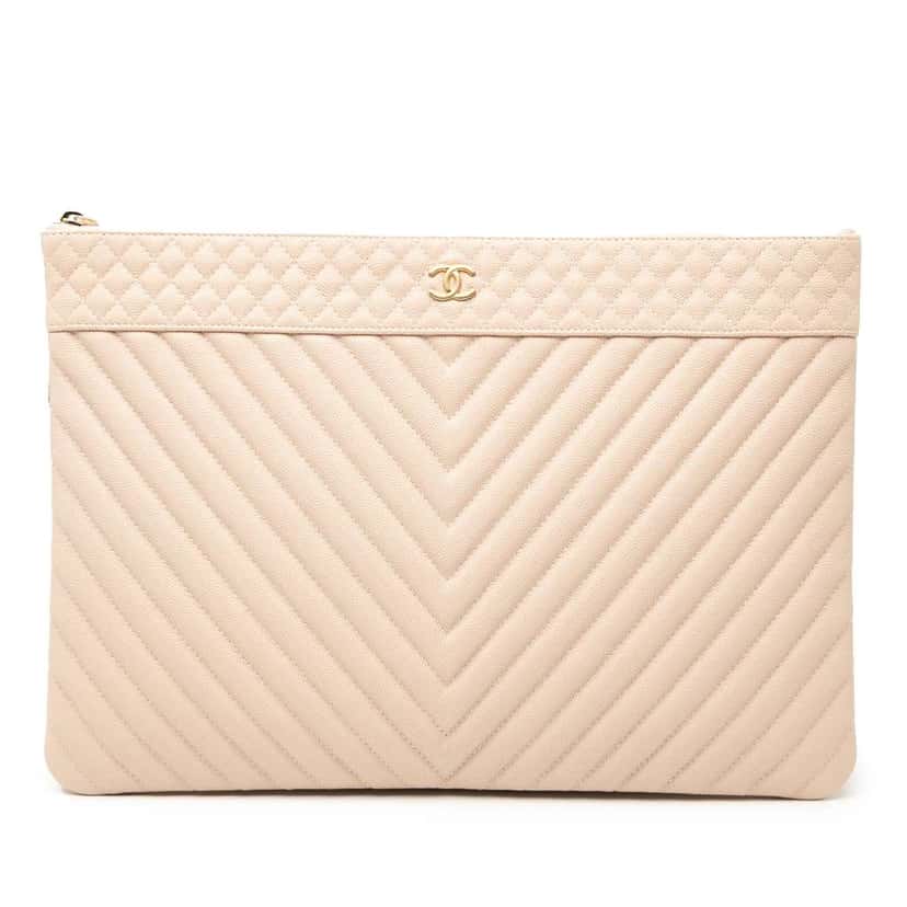 Chanel Large Quilted Caviar Chevron O Case Zip Pouch Brown Leather Good condition - Front View