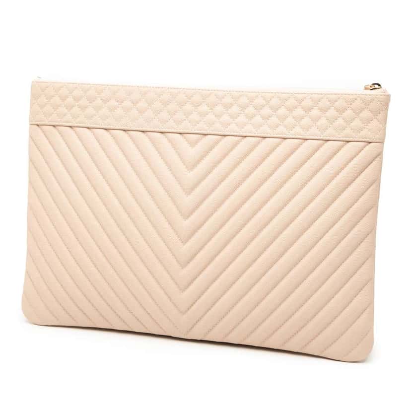 Chanel Large Quilted Caviar Chevron O Case Zip Pouch Brown Leather Good condition - Back View