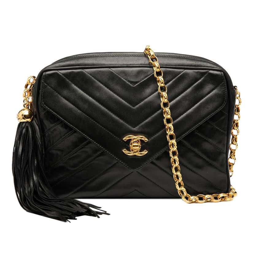 Chanel CC Chevron Lambskin Tassel Chain Camera Bag Black Leather Good condition - Front View
