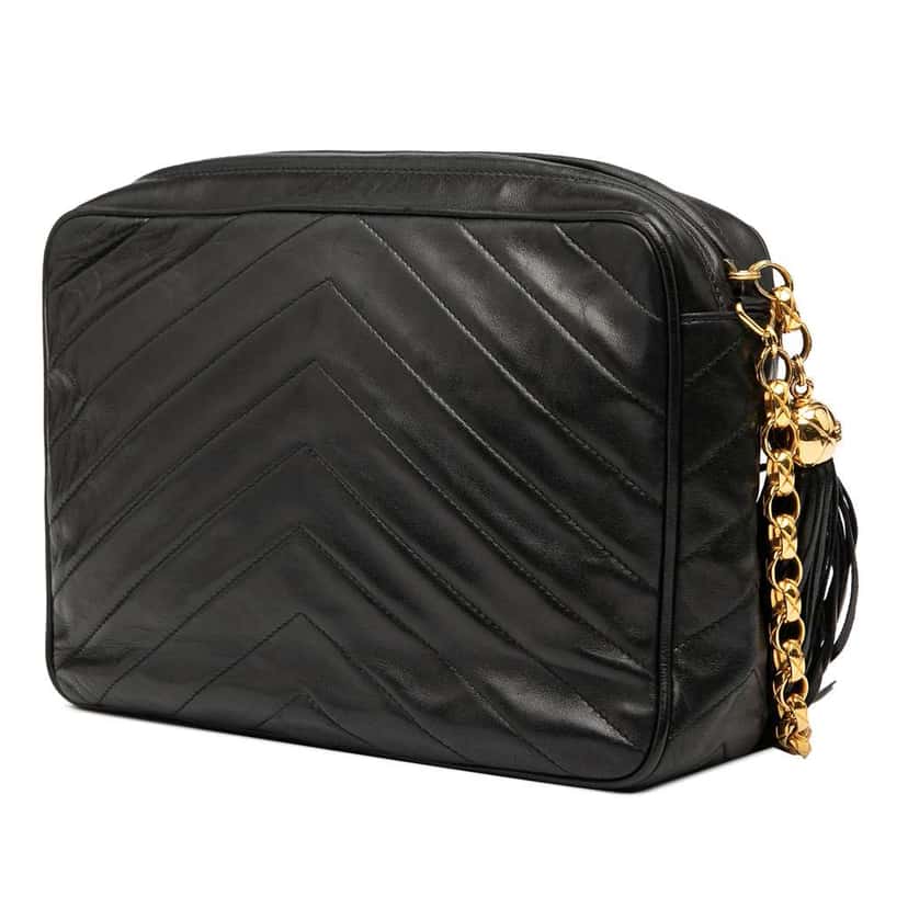 Chanel CC Chevron Lambskin Tassel Chain Camera Bag Black Leather Good condition - Back View