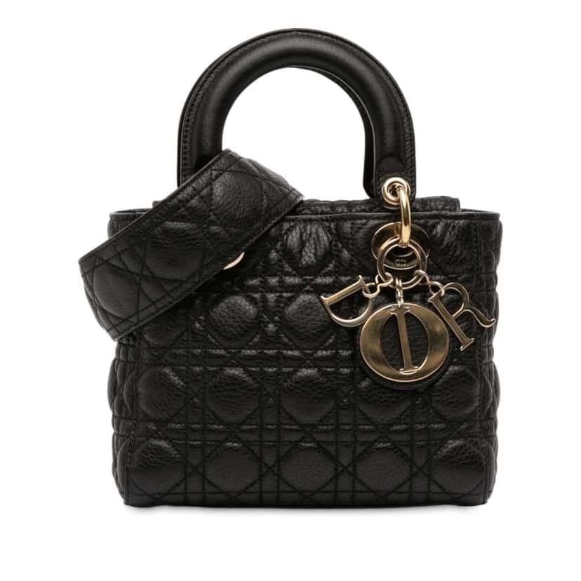 Dior Small Grained Calfskin Cannage Supple Lady Dior Black Leather Good condition - Front View