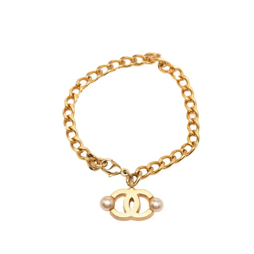 Chanel Gold Plated Faux Pearl CC Chain Bracelet Gold Metal Good condition - Front View