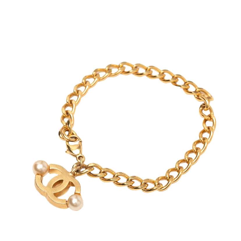 Chanel Gold Plated Faux Pearl CC Chain Bracelet Gold Metal Good condition - Back View