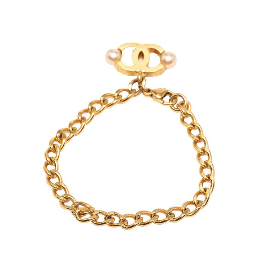 Chanel Gold Plated Faux Pearl CC Chain Bracelet Gold Metal Good condition - Inside View
