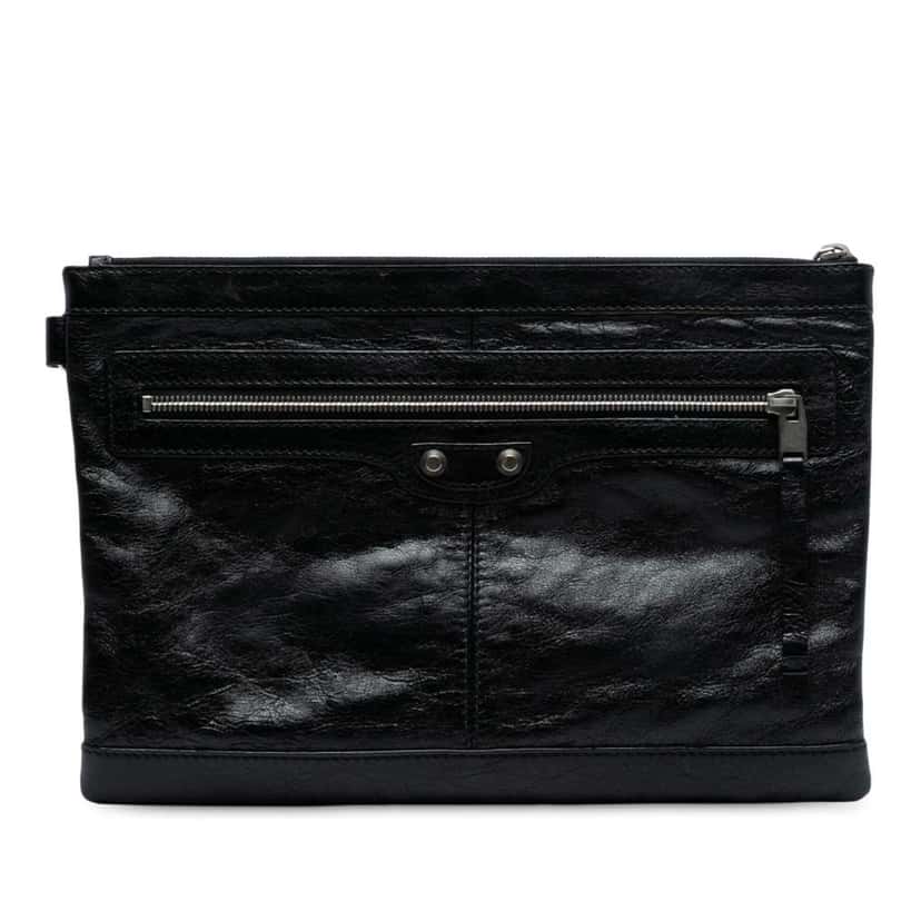 Balenciaga Lambskin Motocross Classic Clip M Clutch Black Leather Good condition - Front View
