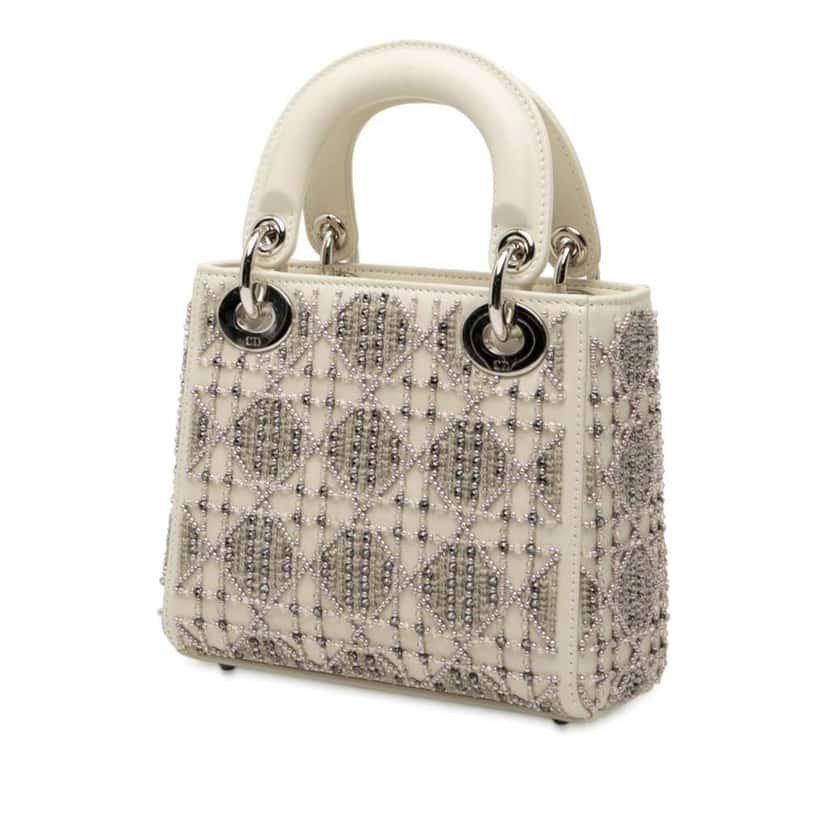 Dior Mini Beaded Lambskin Cannage Lady Dior White Leather Good condition - Back View