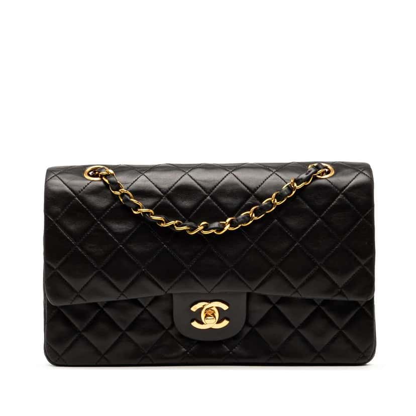 Chanel Medium Classic Lambskin Double Flap Black Leather Good condition - Front View