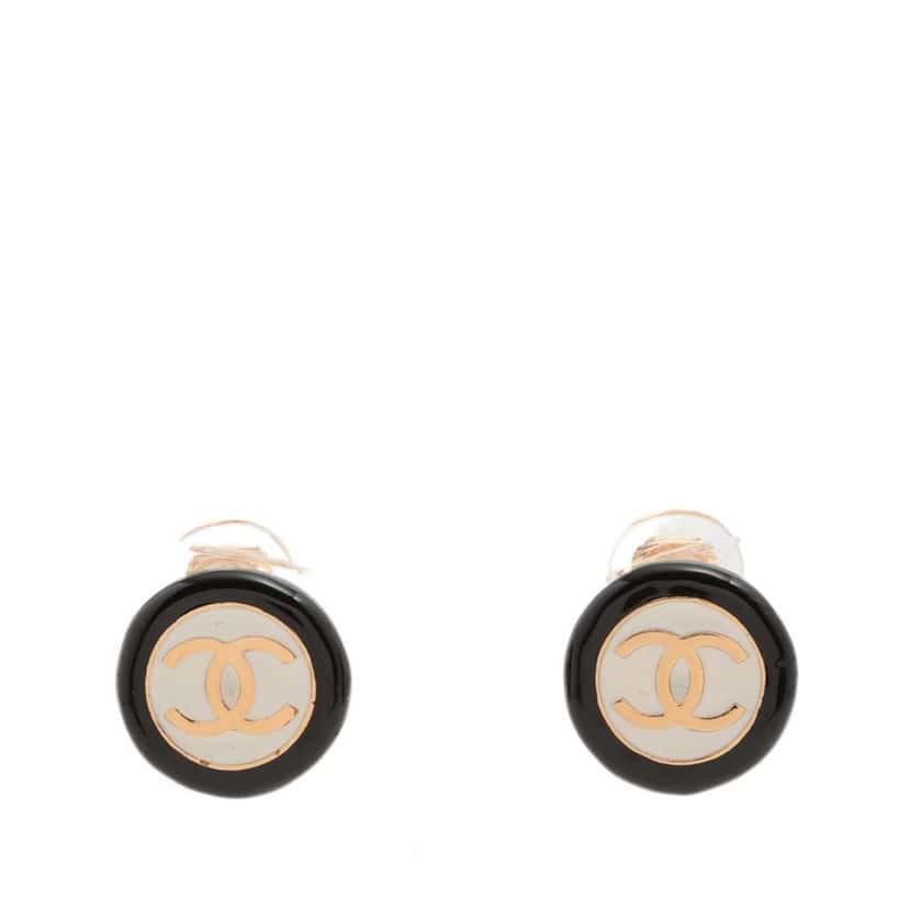 Chanel CC Enamel Gold Plated Round Clip On Earrings Black Good condition - Front View