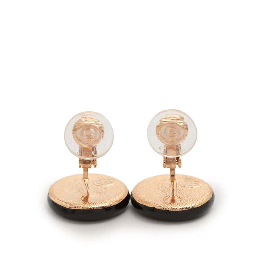 Chanel CC Enamel Gold Plated Round Clip On Earrings Black Good condition - Box View