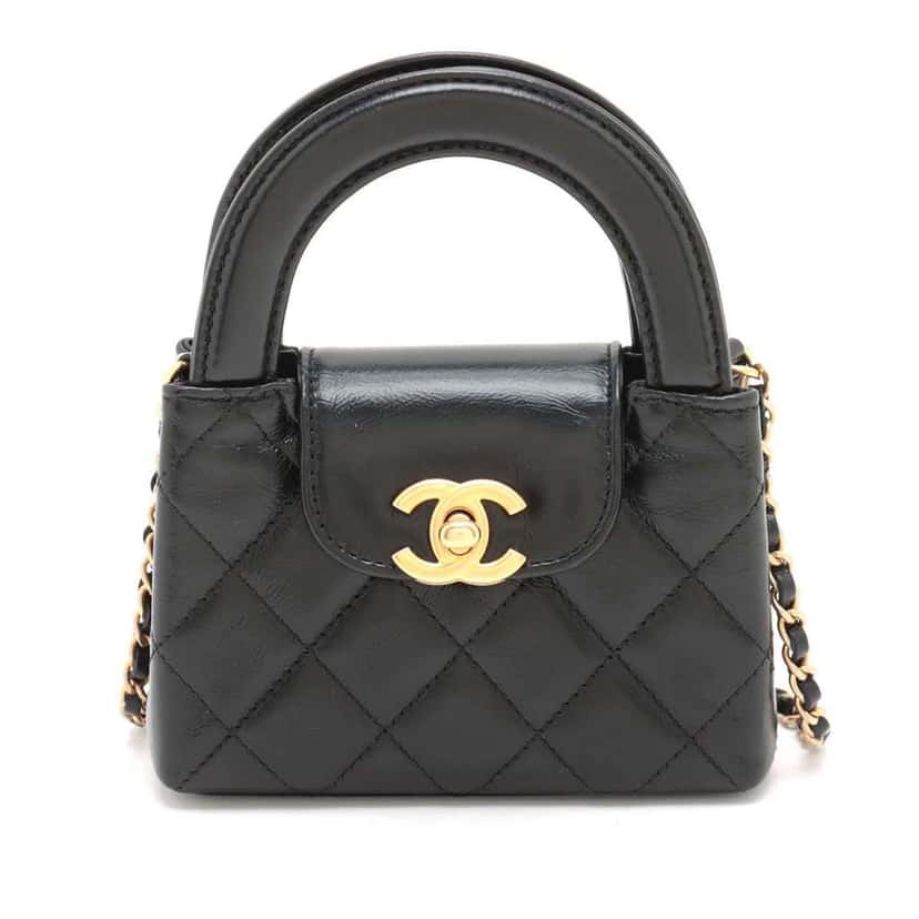 Chanel Mini Nano Aged Calfskin Kelly Shopper Bag Black Leather Very good condition - Front View