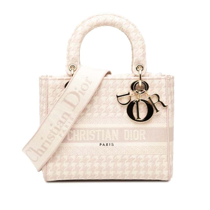 Dior Medium Embroidered Canvas Houndstooth Lady D Lite Pink Canvas Good condition - Front View