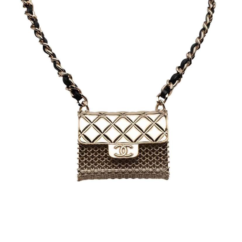 Chanel Gold Plated CC Quilted Flap Bag Pendant Necklace Gold Metal Good condition - Back View