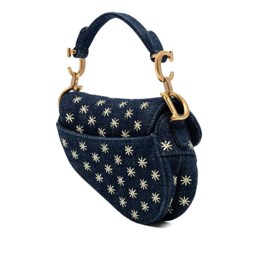 Dior Micro Denim Embroidered Saddle Bag Blue Denim Good condition - Back View