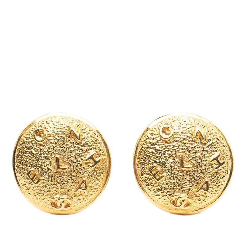 Chanel Gold Plated Logo Round Clip On Earrings Gold Metal Very good condition - Front View