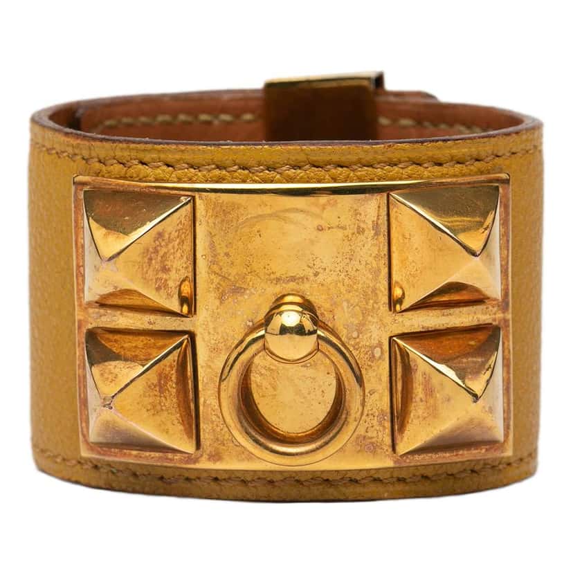 Hermès Leather and Gold Plated Collier de Chien Bracelet T3 Brown Leather Very good condition - Front View