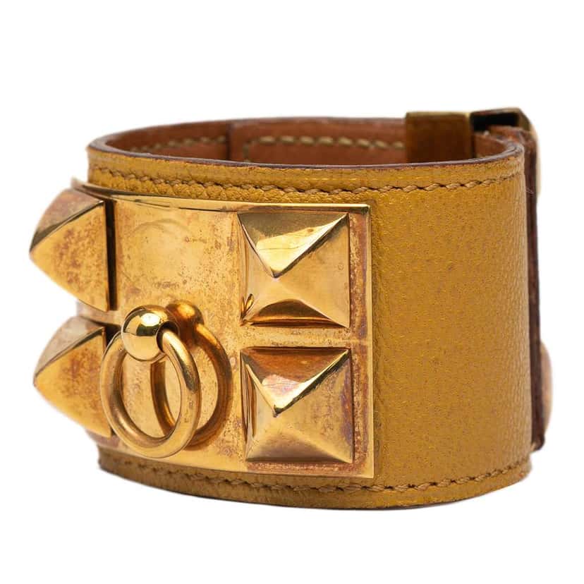 Hermès Leather and Gold Plated Collier de Chien Bracelet T3 Brown Leather Very good condition - Back View