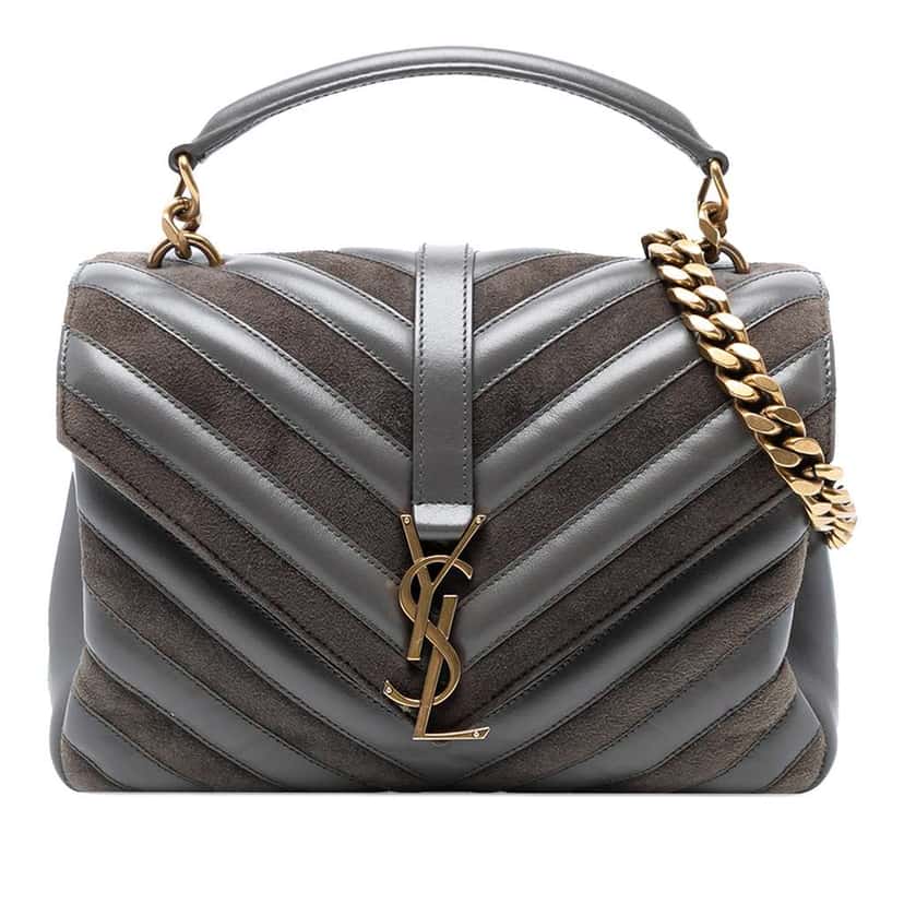Saint Laurent Medium Calfskin and Suede Chevron Monogram College Satchel Grey Leather Good condition - Front View