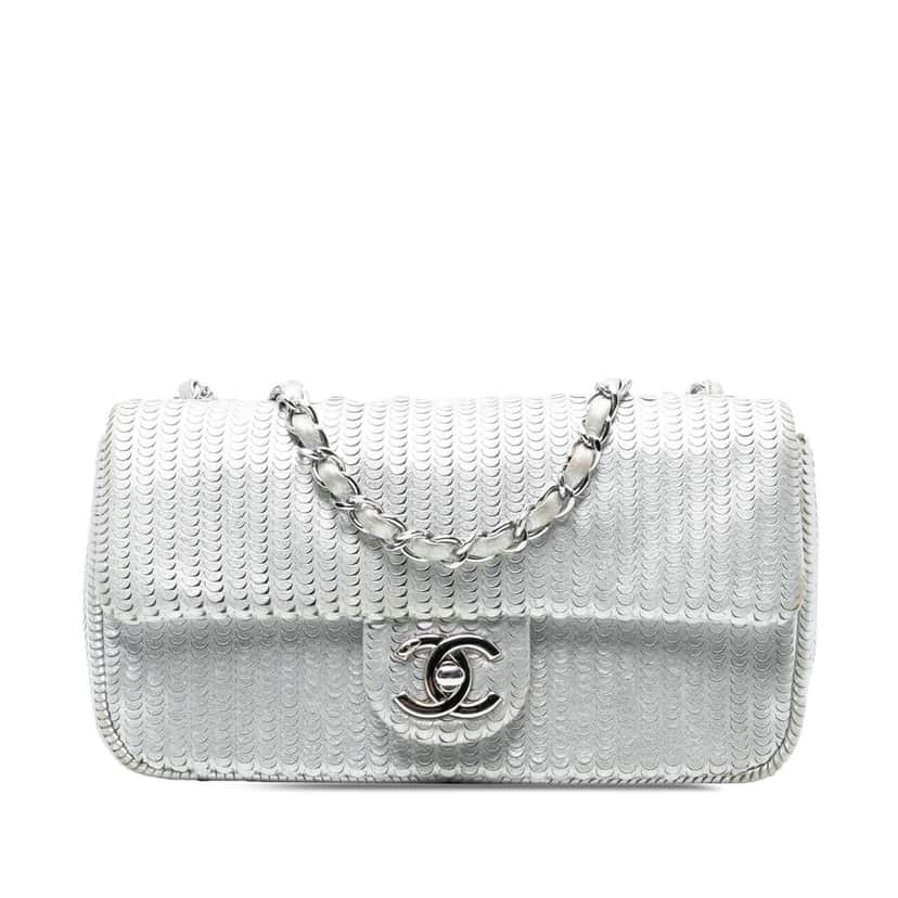 Chanel Small Metallic Lambskin Laser Cut Flap Silver Leather Good condition - Front View