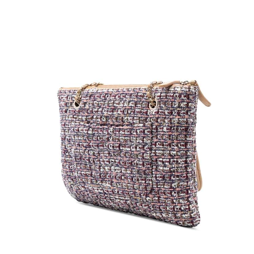 Chanel Quilted Lambskin and Tweed Double Case with Chain Brown Leather Good condition - Back View