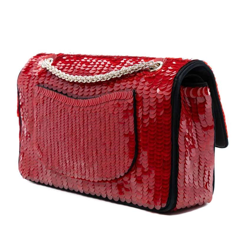 Chanel Paris-Shanghai Medium Satin and Sequins Double Flap Red Satin Good condition - Back View
