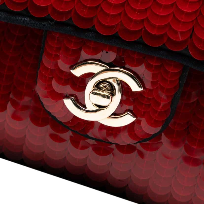 Chanel Paris-Shanghai Medium Satin and Sequins Double Flap Red Satin Good condition - Box View