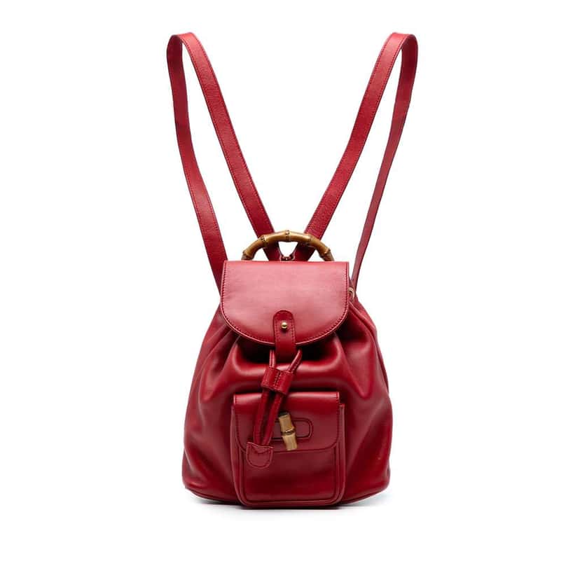 Gucci Leather Bamboo Drawstring Backpack Red Leather Good condition - Front View
